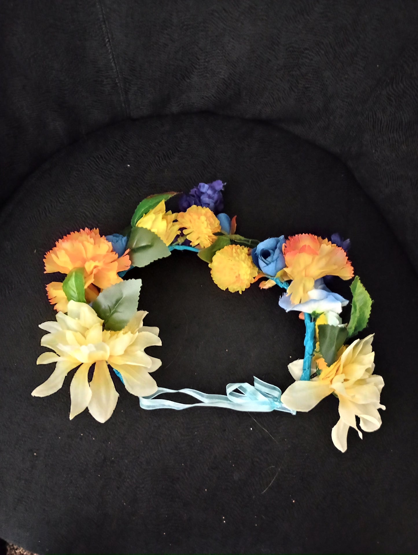Blue yellow and orange flower crown