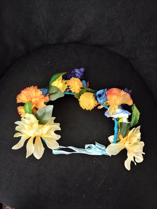 Blue yellow and orange flower crown