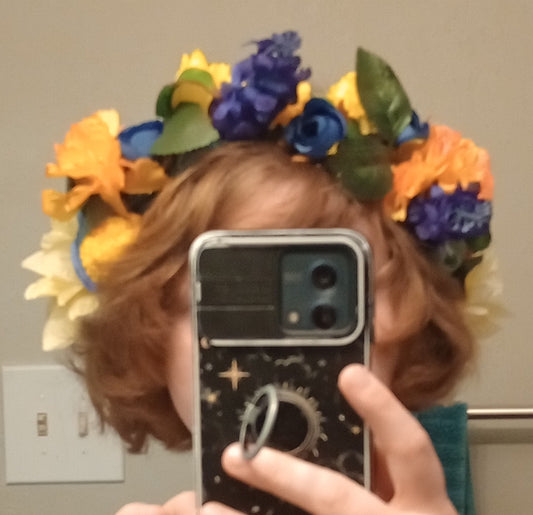 Blue yellow and orange flower crown